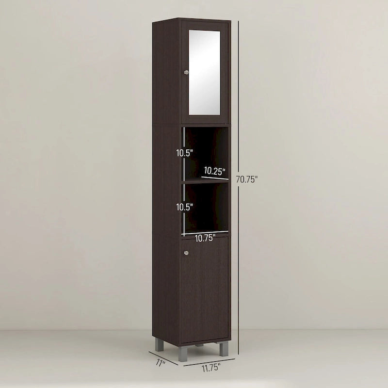 kleankin Tall Bathroom Storage Cabinet with Mirror, Wooden Freestanding Tower Cabinet with Adjustable Shelves for Bathroom