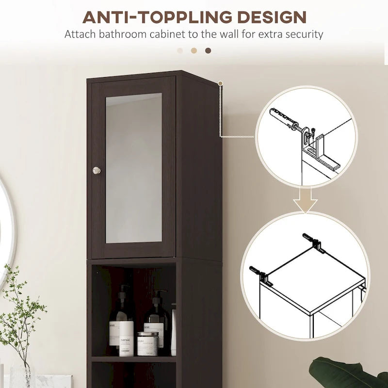 kleankin Tall Bathroom Storage Cabinet with Mirror, Wooden Freestanding Tower Cabinet with Adjustable Shelves for Bathroom