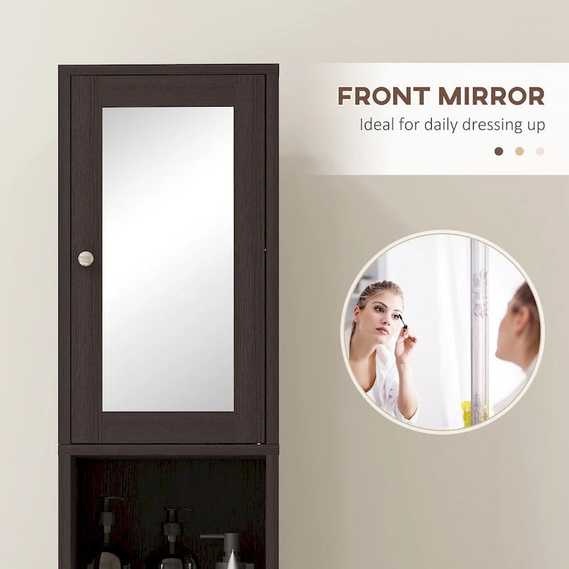 kleankin Tall Bathroom Storage Cabinet with Mirror, Wooden Freestanding Tower Cabinet with Adjustable Shelves for Bathroom