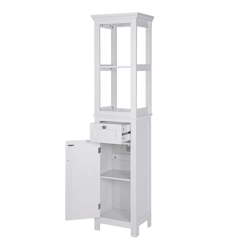Tall Slim Bathroom Storage Cabinet with Door, Drawer and Open Shelves