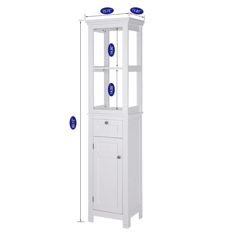 Tall Slim Bathroom Storage Cabinet with Door, Drawer and Open Shelves