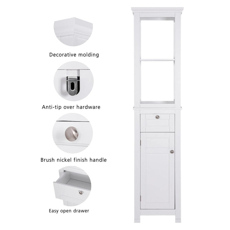 Tall Slim Bathroom Storage Cabinet with Door, Drawer and Open Shelves