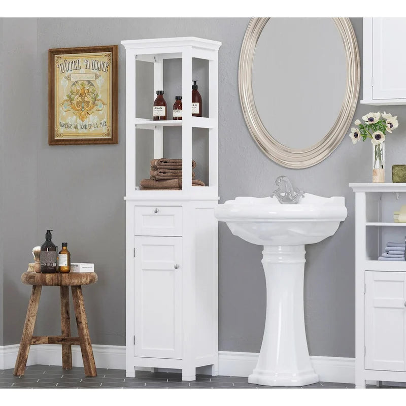 Tall Slim Bathroom Storage Cabinet with Door, Drawer and Open Shelves