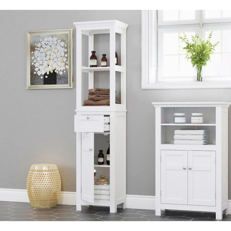 Tall Slim Bathroom Storage Cabinet with Door, Drawer and Open Shelves