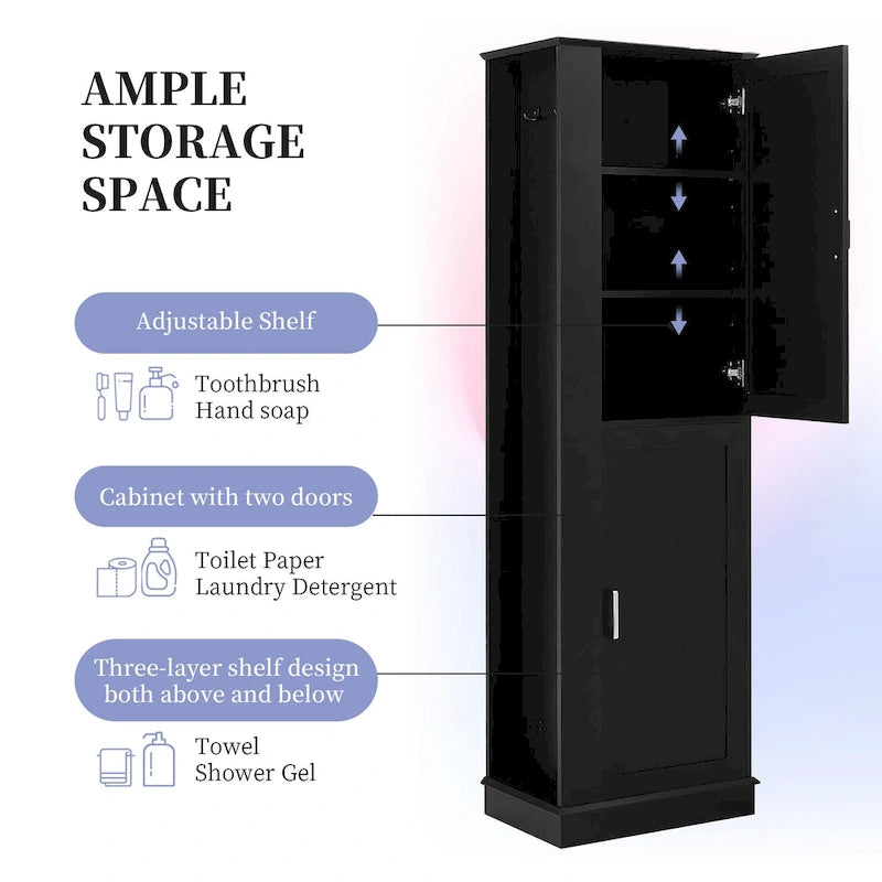 Tall Bathroom Storage Cabinet with Hook and Adjustable Shelf