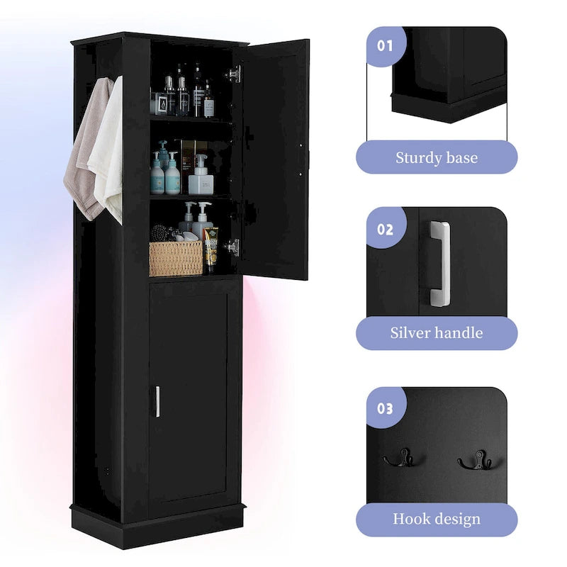 Tall Bathroom Storage Cabinet with Hook and Adjustable Shelf