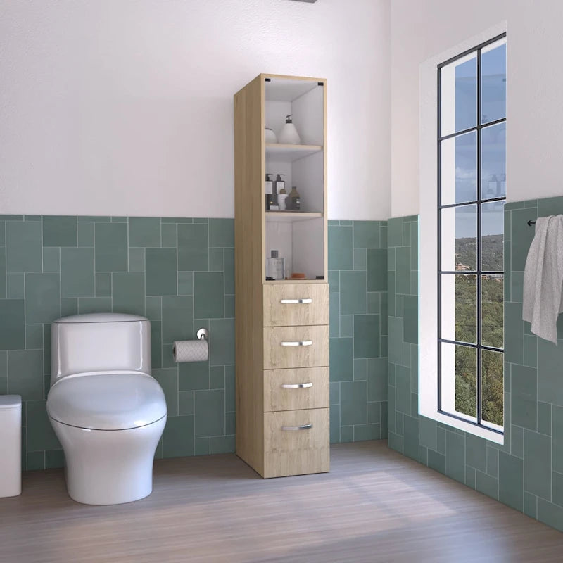 Modern Bathroom Linen Cabinet with Glass Door and Drawers