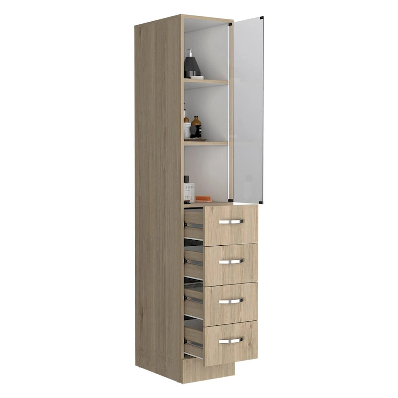 Modern Bathroom Linen Cabinet with Glass Door and Drawers