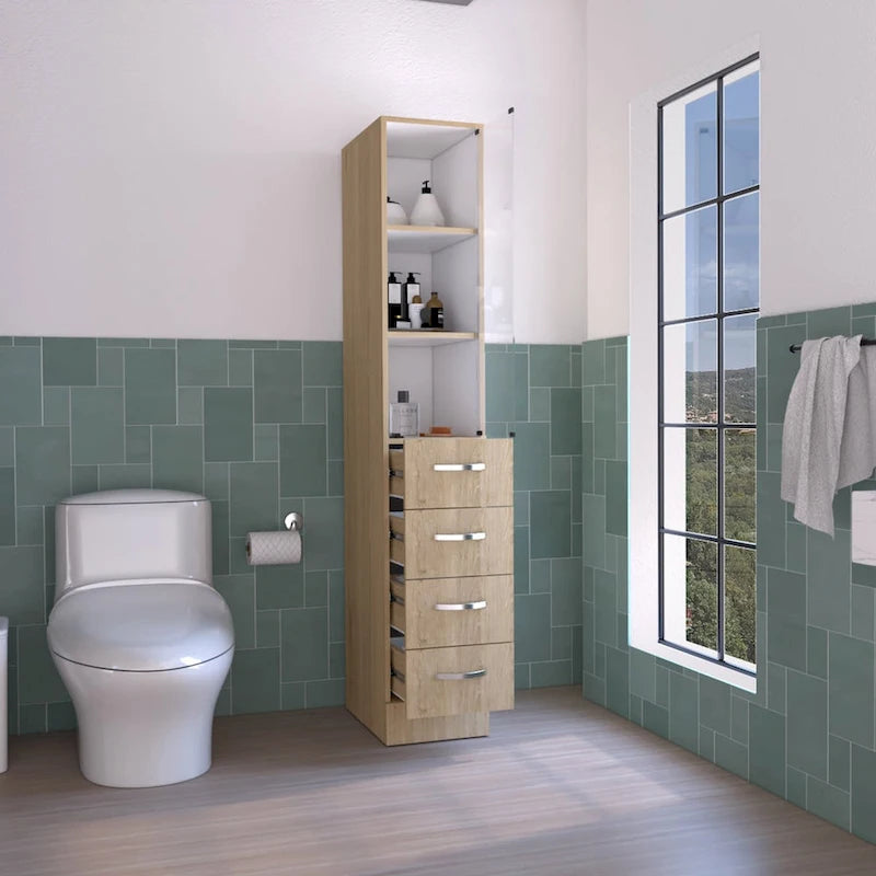 Modern Bathroom Linen Cabinet with Glass Door and Drawers