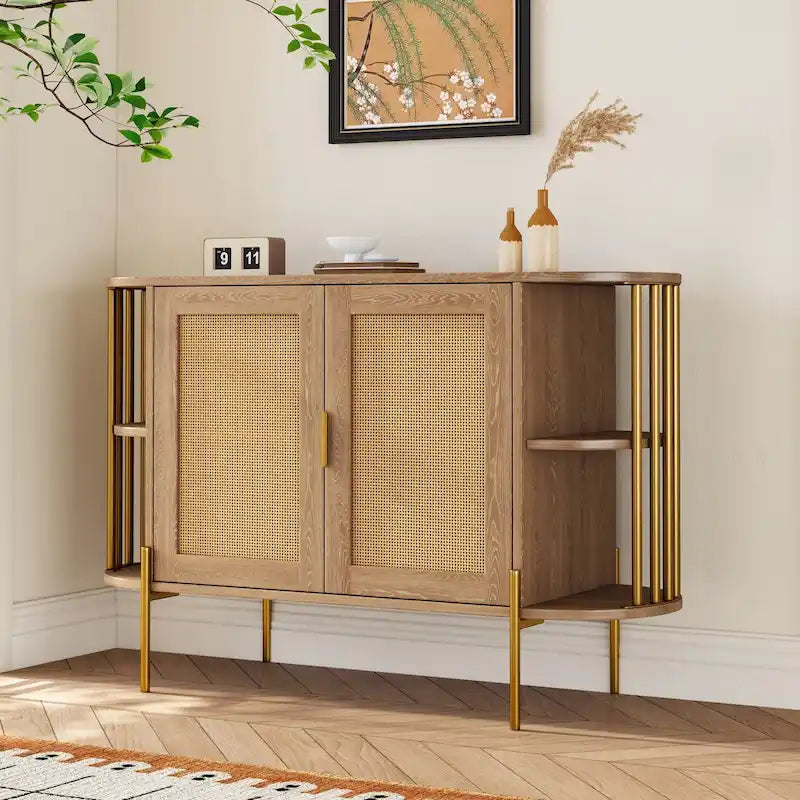 2-Door Curved Rattan Sideboard with Gold Trim
