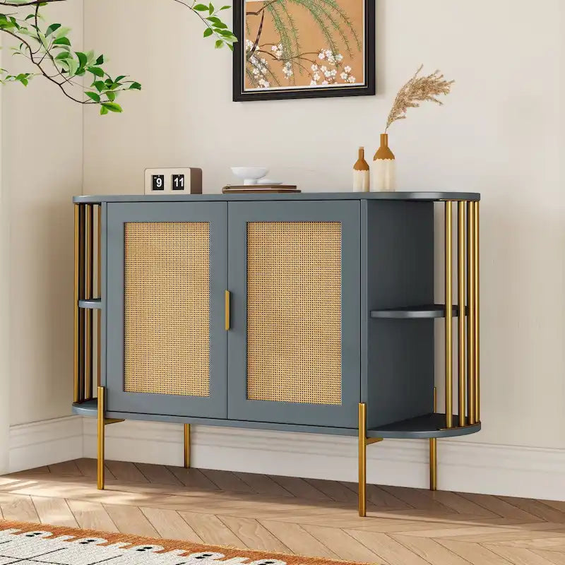 2-Door Curved Rattan Sideboard with Gold Trim