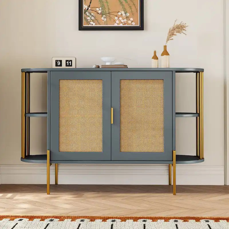 2-Door Curved Rattan Sideboard with Gold Trim