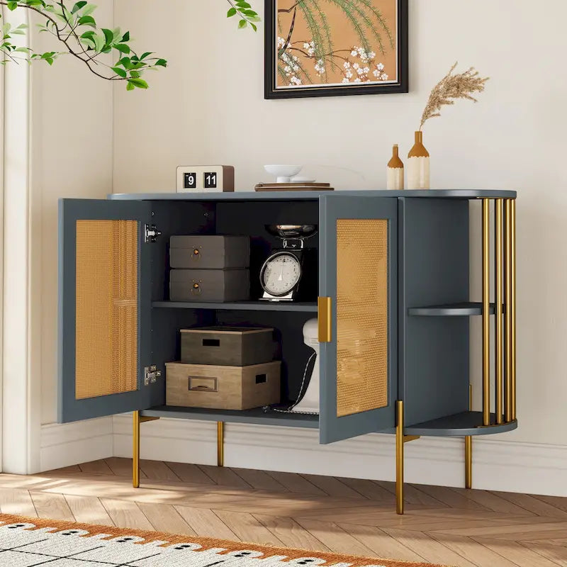 2-Door Curved Rattan Sideboard with Gold Trim
