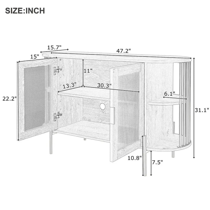 2-Door Curved Rattan Sideboard with Gold Trim