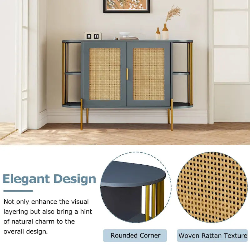 2-Door Curved Rattan Sideboard with Gold Trim