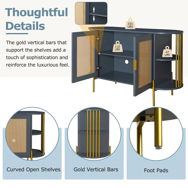 2-Door Curved Rattan Sideboard with Gold Trim