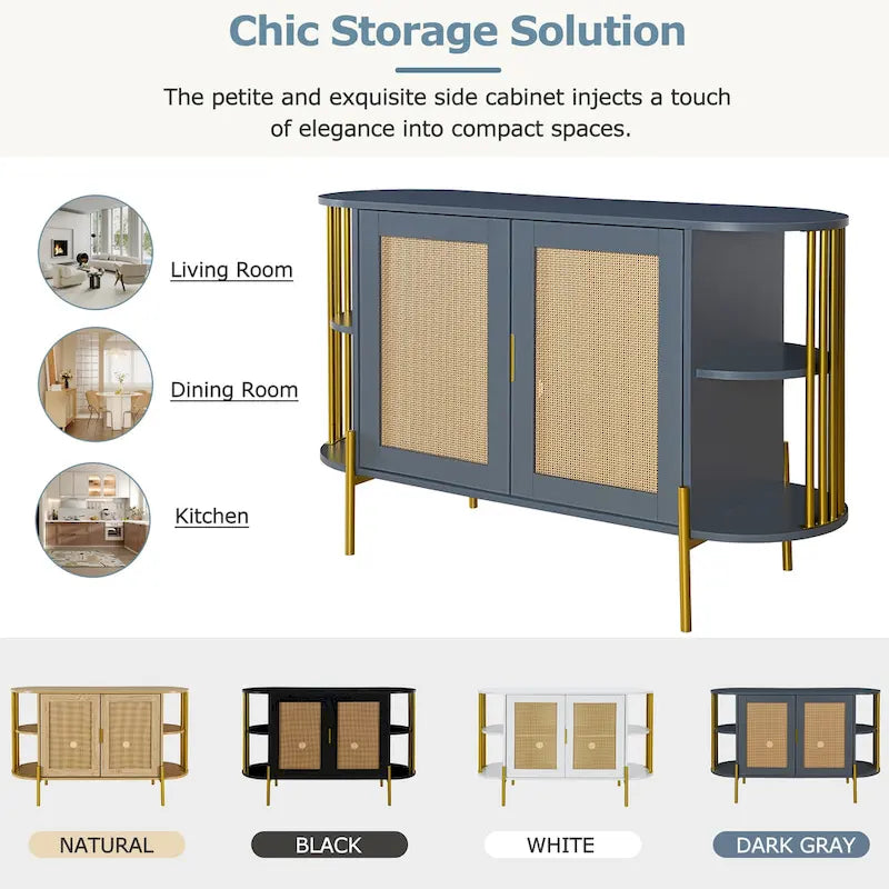 2-Door Curved Rattan Sideboard with Gold Trim