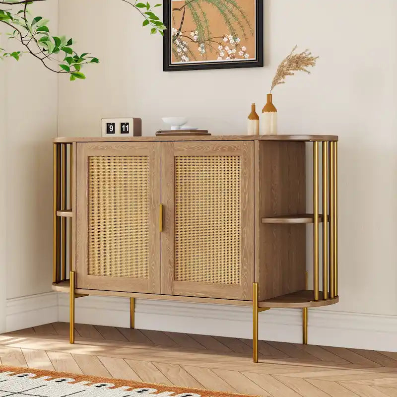 2-Door Curved Rattan Sideboard with Gold Trim