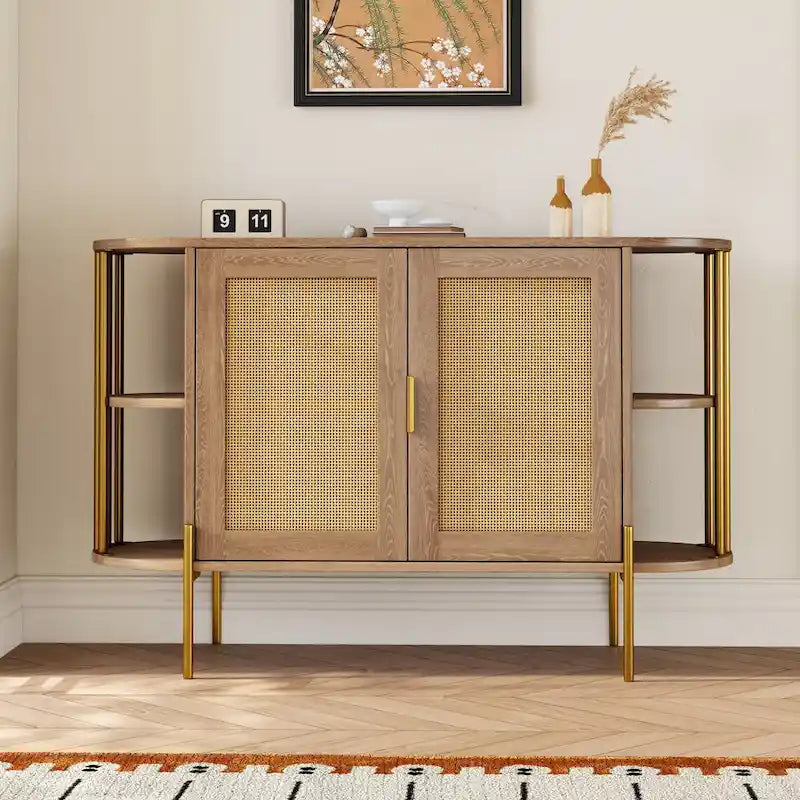 2-Door Curved Rattan Sideboard with Gold Trim