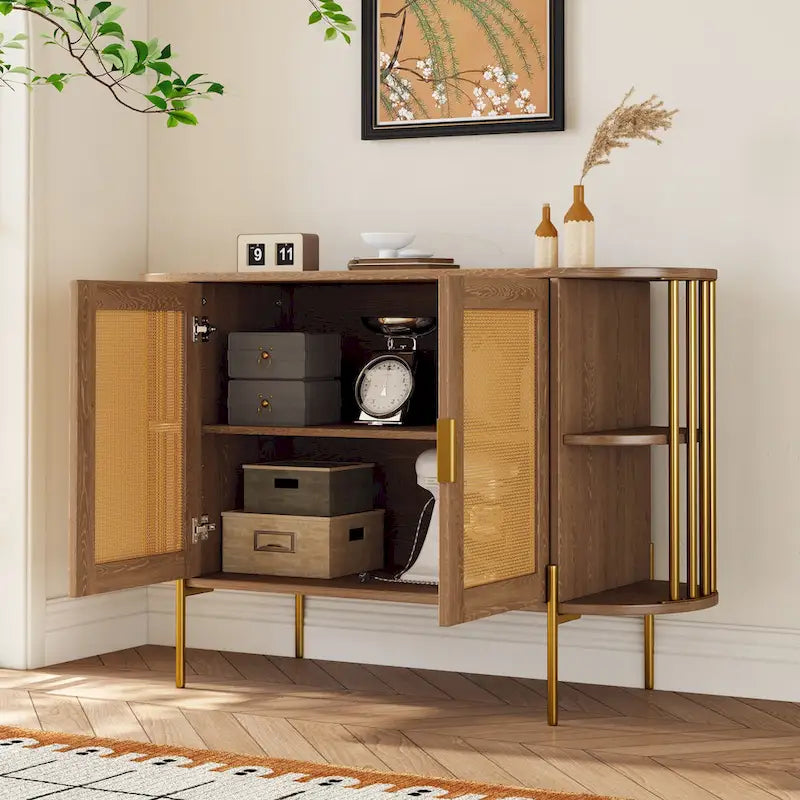 2-Door Curved Rattan Sideboard with Gold Trim