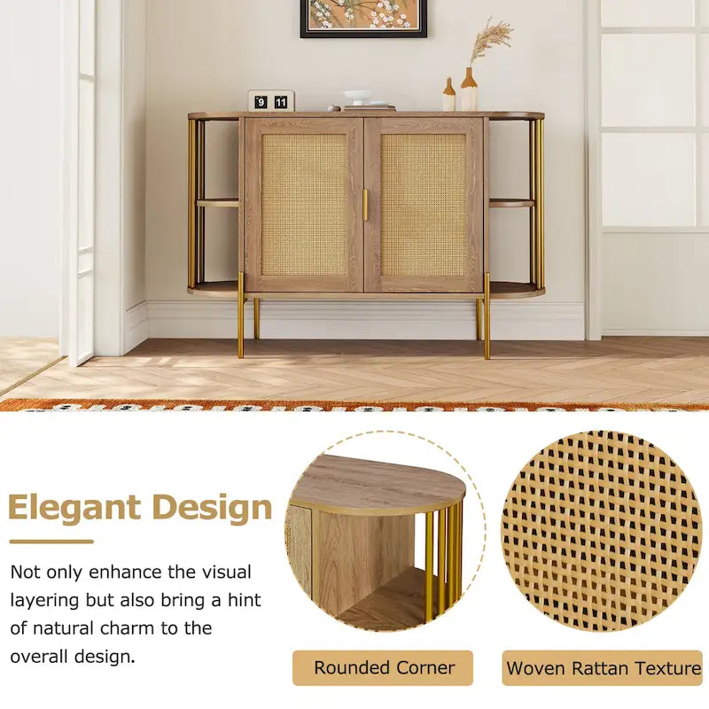 2-Door Curved Rattan Sideboard with Gold Trim