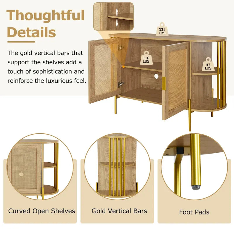 2-Door Curved Rattan Sideboard with Gold Trim