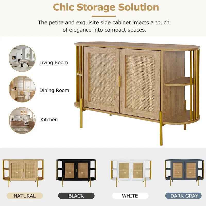 2-Door Curved Rattan Sideboard with Gold Trim
