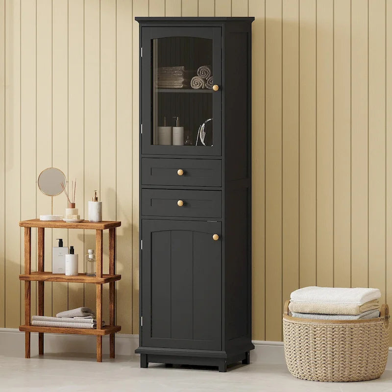 Tall Free-Standing Bathroom Storage Cabinet with Glass Doors and Two Drawers