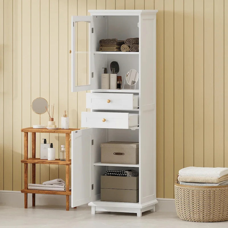 Tall Free-Standing Bathroom Storage Cabinet with Glass Doors and Two Drawers