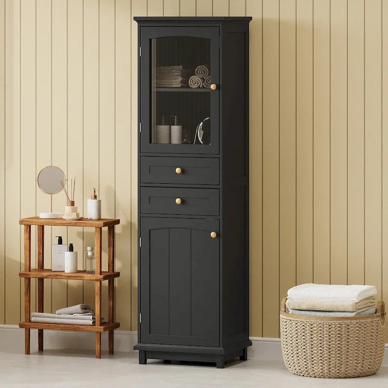 Tall Free-Standing Bathroom Storage Cabinet with Glass Doors and Two Drawers