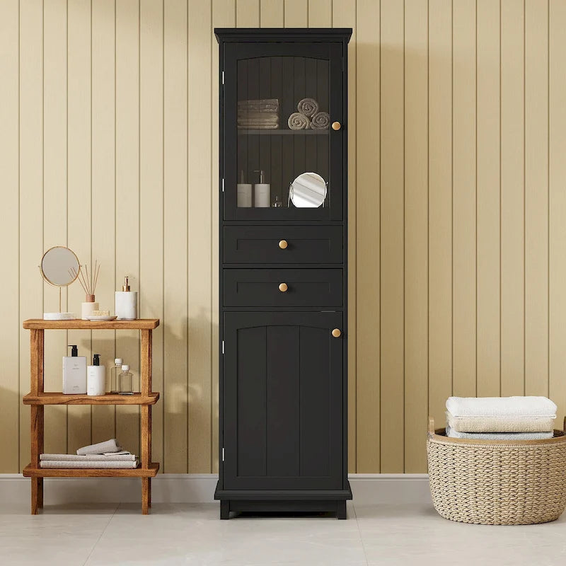 Tall Free-Standing Bathroom Storage Cabinet with Glass Doors and Two Drawers