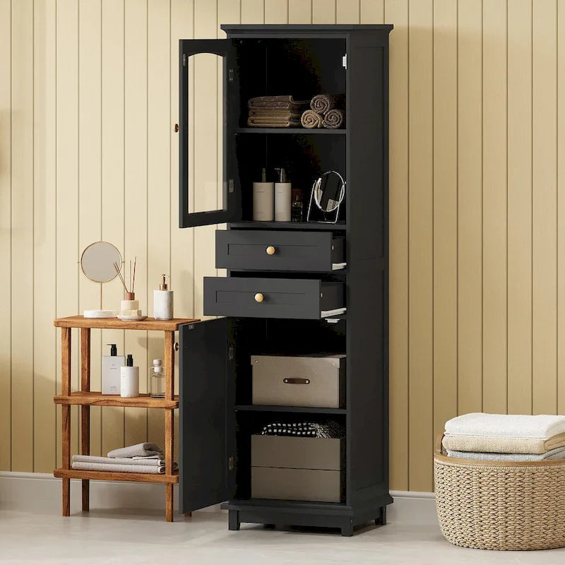 Tall Free-Standing Bathroom Storage Cabinet with Glass Doors and Two Drawers