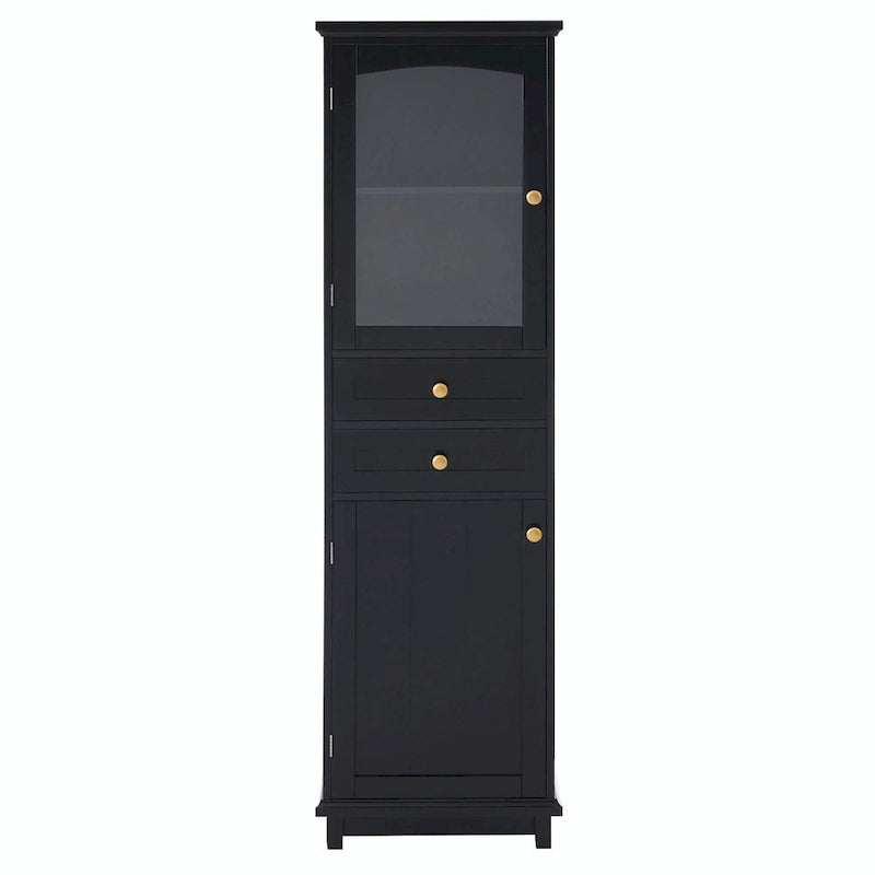 Tall Free-Standing Bathroom Storage Cabinet with Glass Doors and Two Drawers