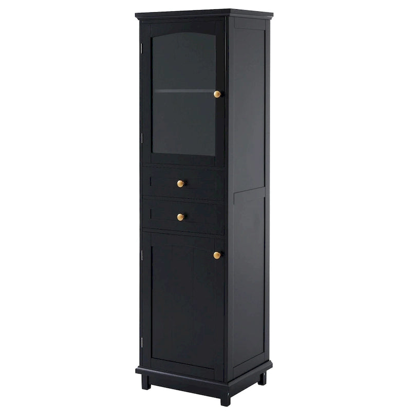 Tall Free-Standing Bathroom Storage Cabinet with Glass Doors and Two Drawers