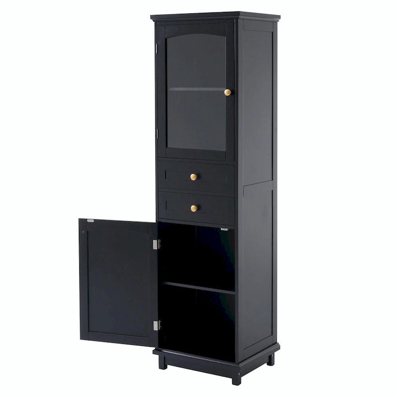 Tall Free-Standing Bathroom Storage Cabinet with Glass Doors and Two Drawers