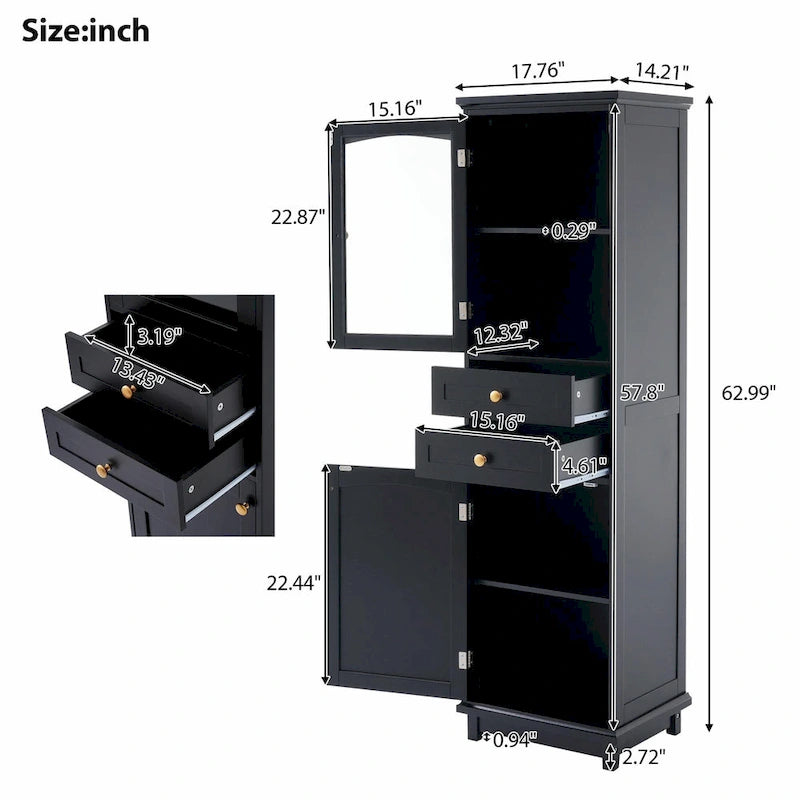 Tall Free-Standing Bathroom Storage Cabinet with Glass Doors and Two Drawers