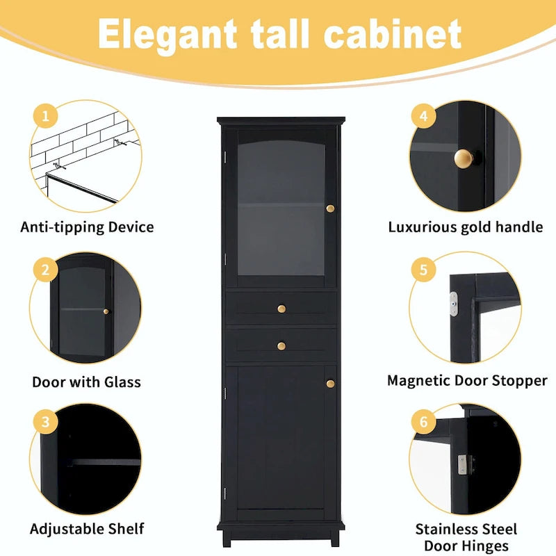 Tall Free-Standing Bathroom Storage Cabinet with Glass Doors and Two Drawers