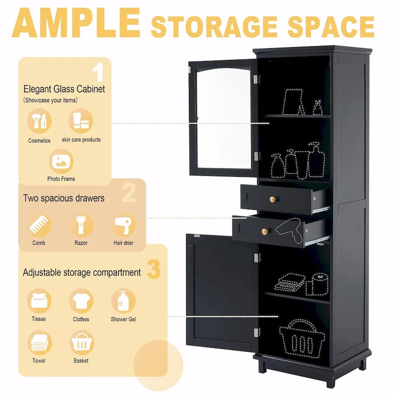 Tall Free-Standing Bathroom Storage Cabinet with Glass Doors and Two Drawers