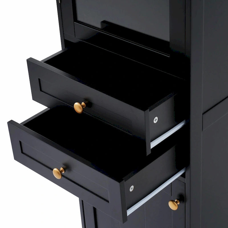 Tall Free-Standing Bathroom Storage Cabinet with Glass Doors and Two Drawers