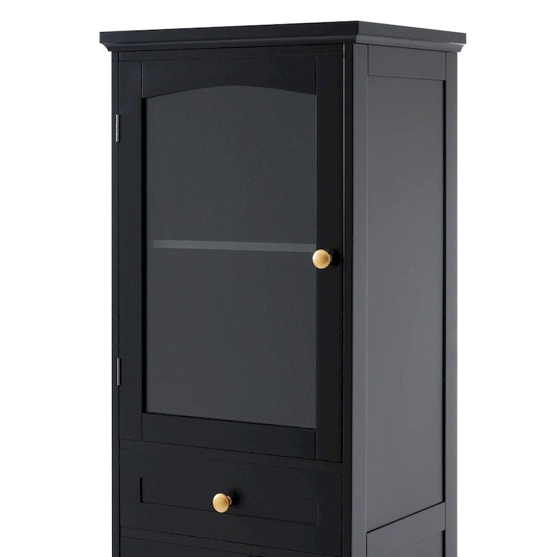 Tall Free-Standing Bathroom Storage Cabinet with Glass Doors and Two Drawers