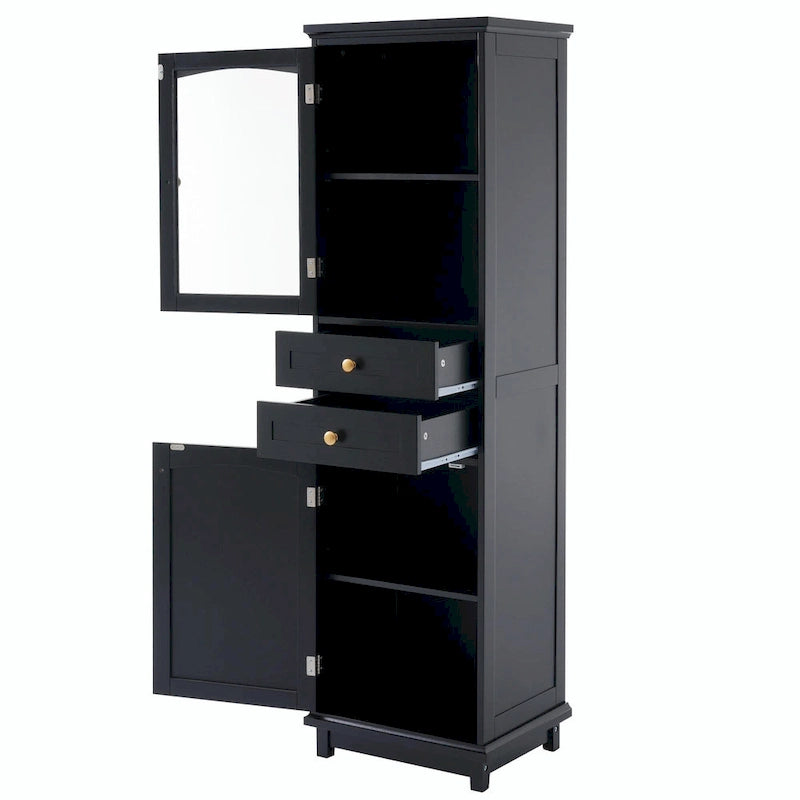 Tall Free-Standing Bathroom Storage Cabinet with Glass Doors and Two Drawers