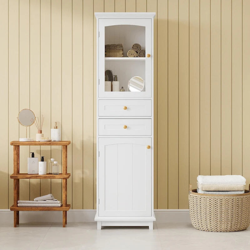 Tall Free-Standing Bathroom Storage Cabinet with Glass Doors and Two Drawers
