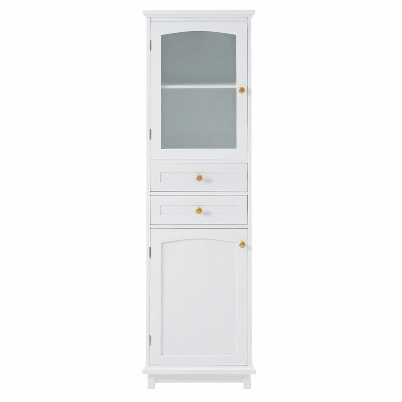 Tall Free-Standing Bathroom Storage Cabinet with Glass Doors and Two Drawers