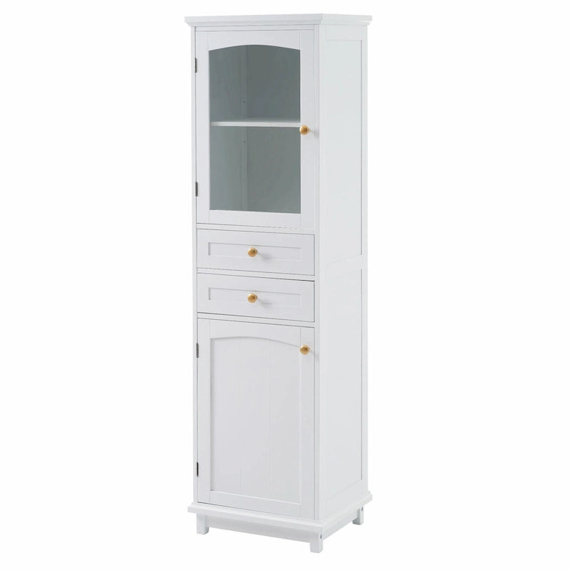Tall Free-Standing Bathroom Storage Cabinet with Glass Doors and Two Drawers