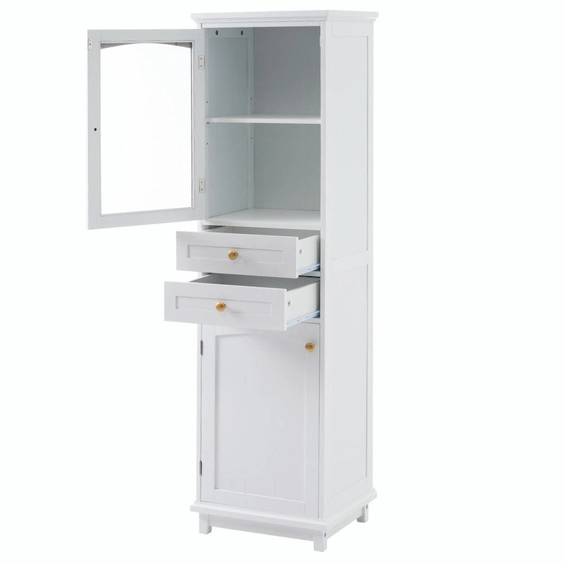Tall Free-Standing Bathroom Storage Cabinet with Glass Doors and Two Drawers