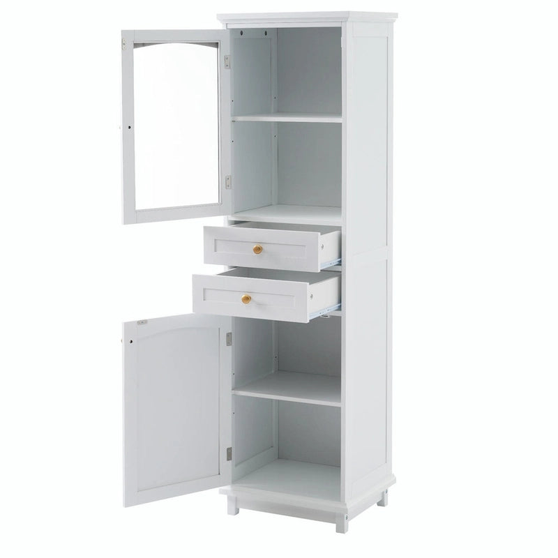 Tall Free-Standing Bathroom Storage Cabinet with Glass Doors and Two Drawers