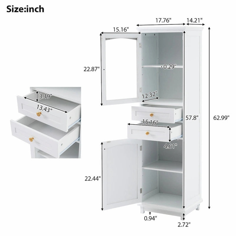 Tall Free-Standing Bathroom Storage Cabinet with Glass Doors and Two Drawers