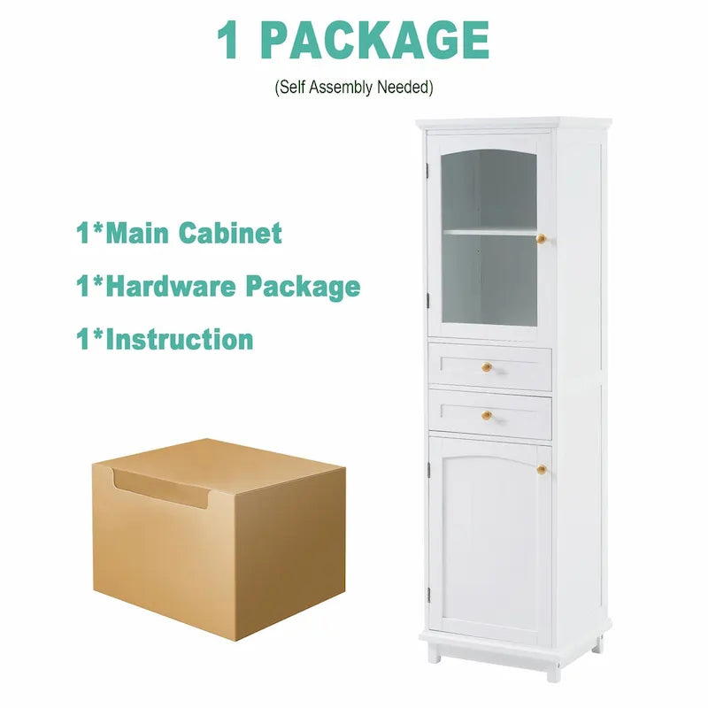 Tall Free-Standing Bathroom Storage Cabinet with Glass Doors and Two Drawers