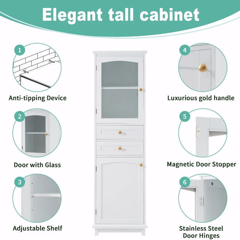 Tall Free-Standing Bathroom Storage Cabinet with Glass Doors and Two Drawers