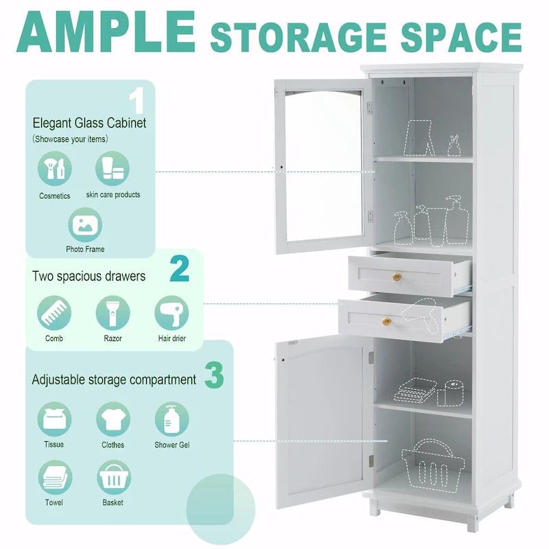 Tall Free-Standing Bathroom Storage Cabinet with Glass Doors and Two Drawers